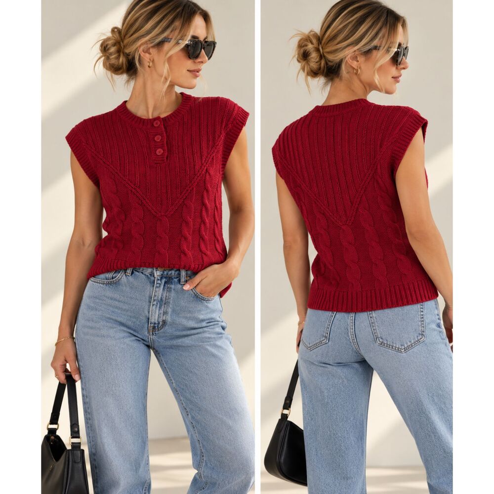 Vintage Jaclyn Smith Red Cable Knit Sweater Vest Women’s Medium 90s Button Front